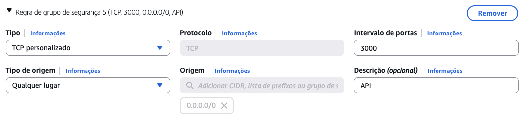 Exemplo de configração da regra de acesso