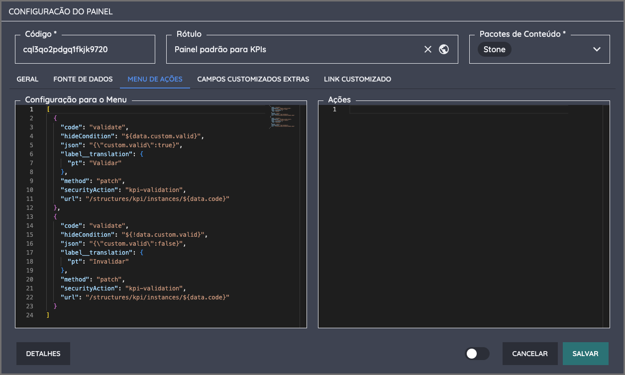 Configuração do Menu de Ações
