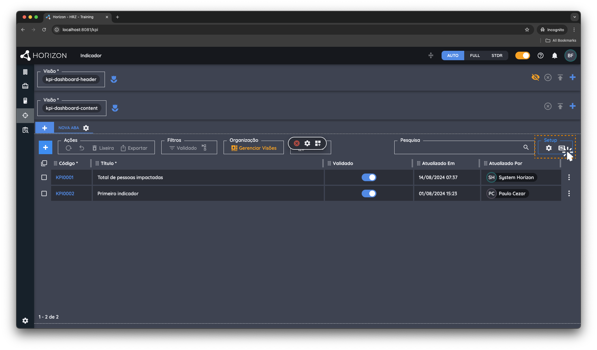 Painel botão de configuração