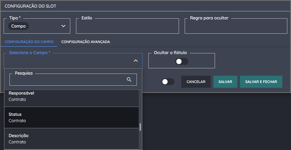 Slot popup de campo