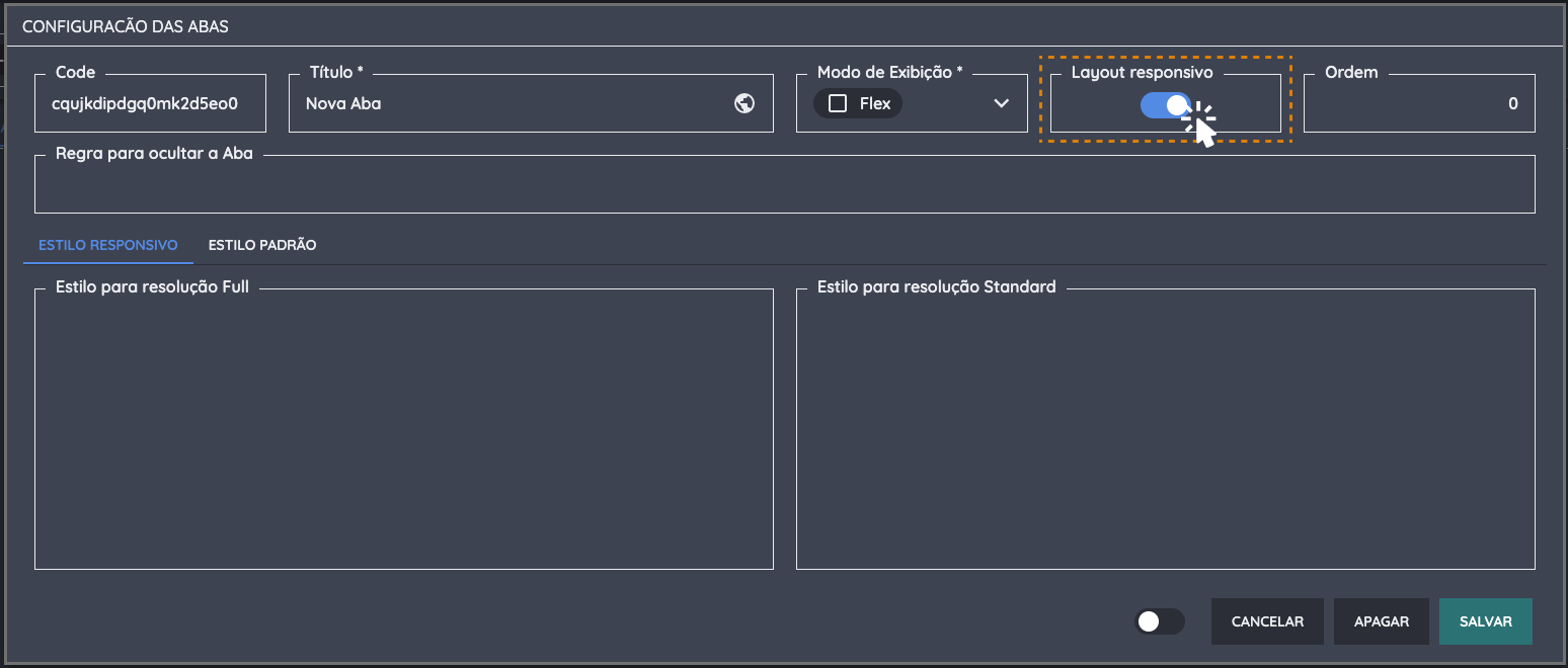 Campos para configuração da Aba com Layout Responsivo