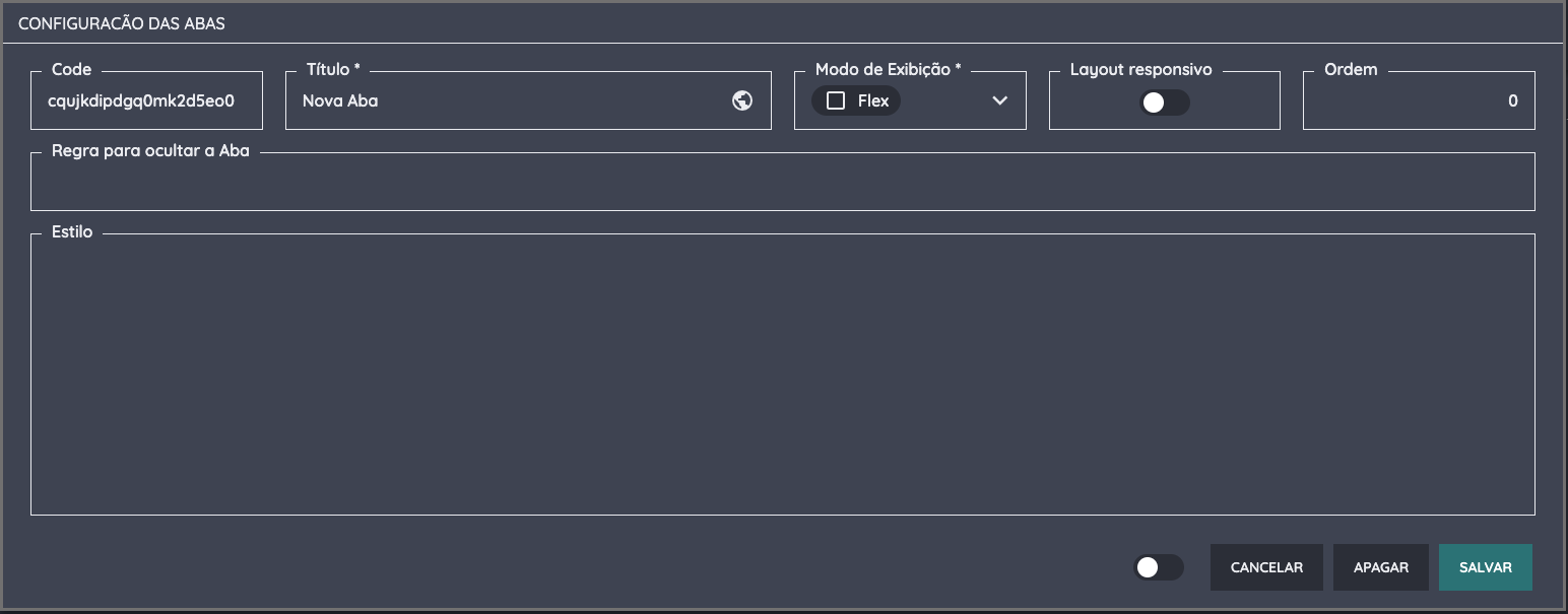 Campos para configuração da Aba